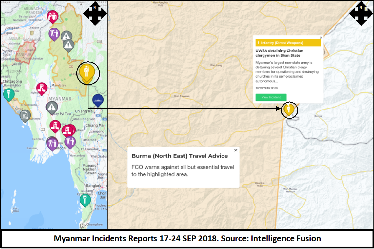 A map depicting the criminal or security incidents across Myanmar (Burma) between 17th and 24th September 2018